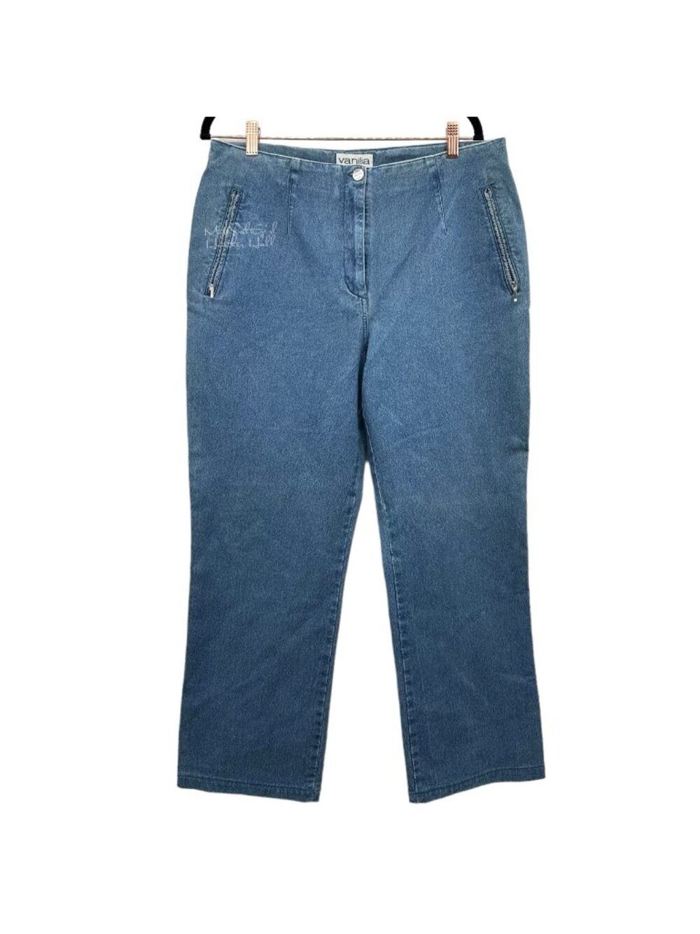 Vanilla High Rise Button Zip Pockets Pleated Medium Wash Denim Jeans 32